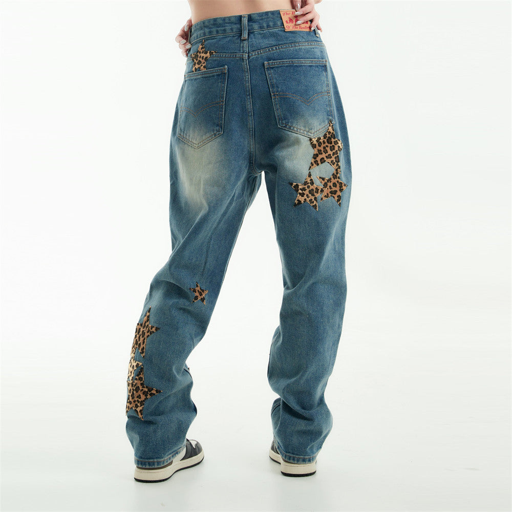 Leopard Star Patch Wide-Leg Jeans – Y2K Statement Denim Leopard Print Five-pointed Star Jeans For Men And Women