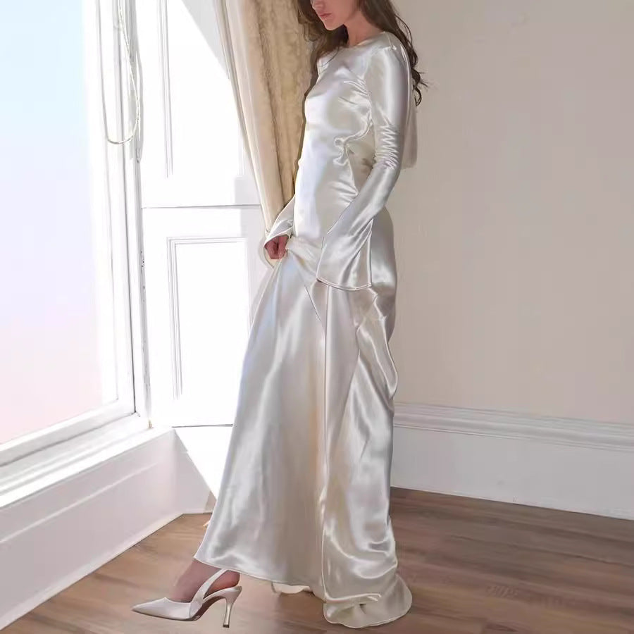 Sexy Backless White Round Neck Satin Party Wear Dress