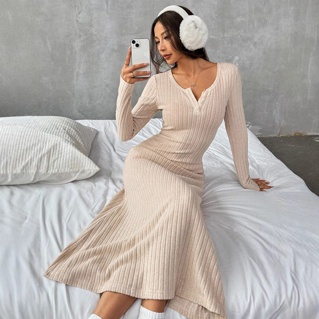 Slim V-neck Solid Color Sweater Bodycon Dress For Women's