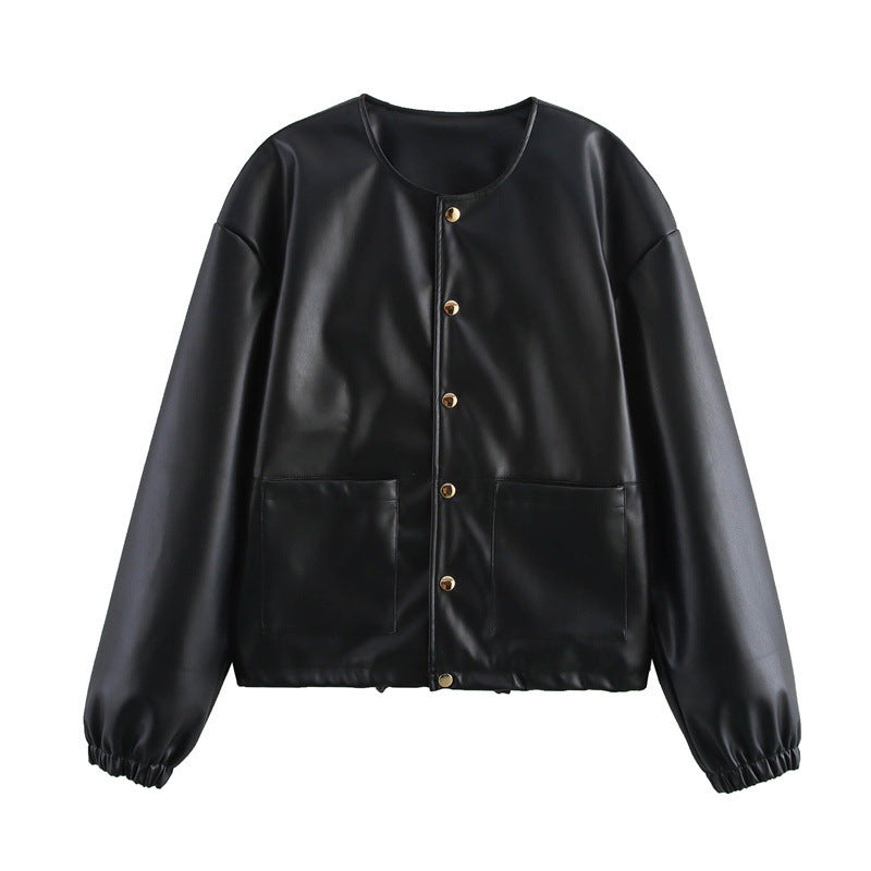 American Black Faux Leather Snap-Button Jacket – Minimalist Bomber Style Single-breasted Round Neck Short Jacket