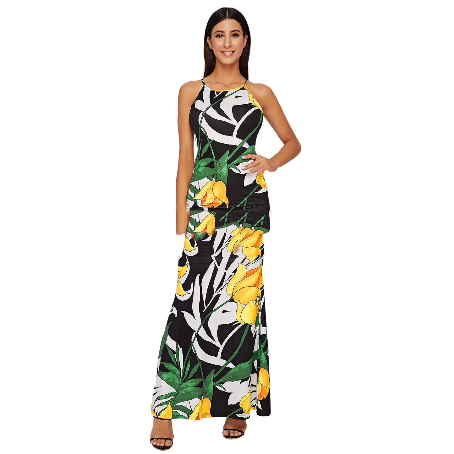 Corset Milk Silk Maxi Suspender Print Bodycon Dress For Women's