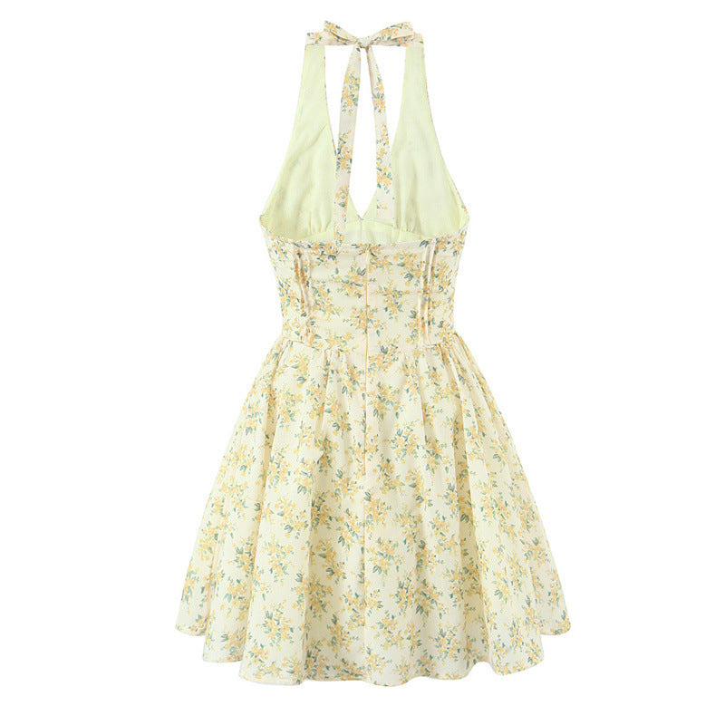 Sweet Pastoral Style Halter Backless Sexy Mini Dress Women