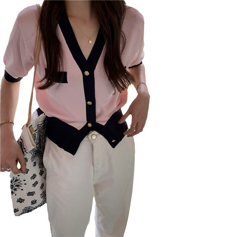 Classic Style Color Matching Ice Silk Short-style Loose Slimming Knitted Thin Top