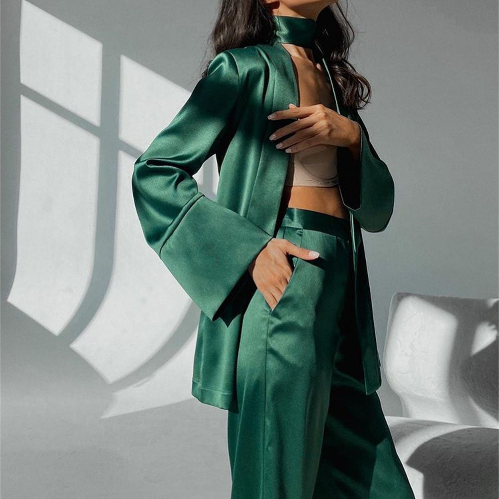Luxury Satin Pantsuit Set – Elegant Blazer & Wide-Leg Trousers in Emerald Green and Black Satin Casual Two Piece Satin Loose Cardigan Pajama Set