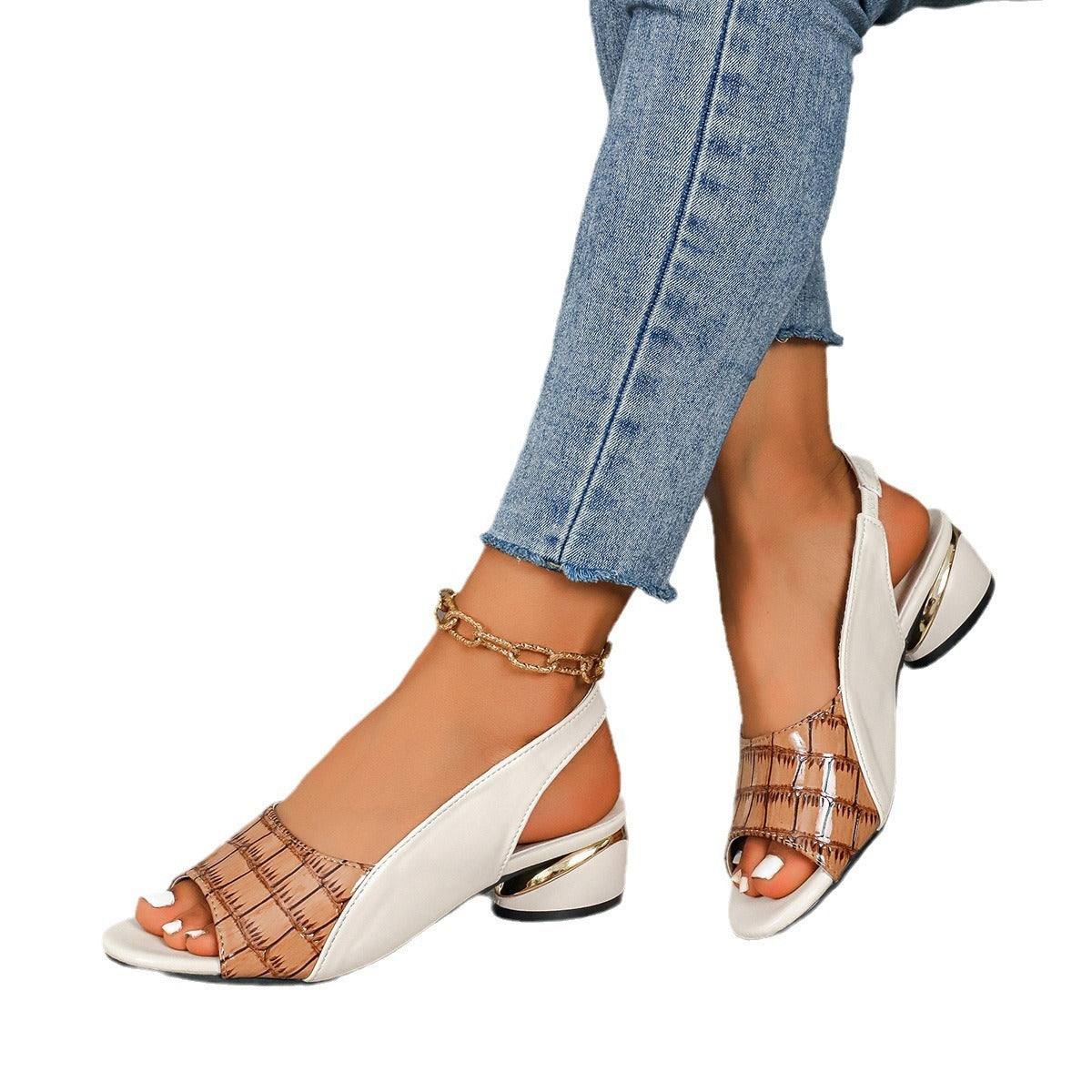 Peep Toe Stitching Mid-root Ankle-strap Buckle Sandals For Women's
