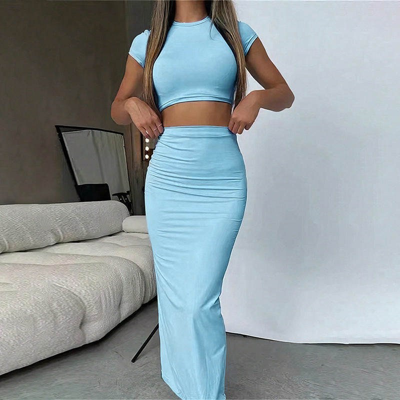 Casual Crop Top Hip Hugging A-line Skirt Set For Women's