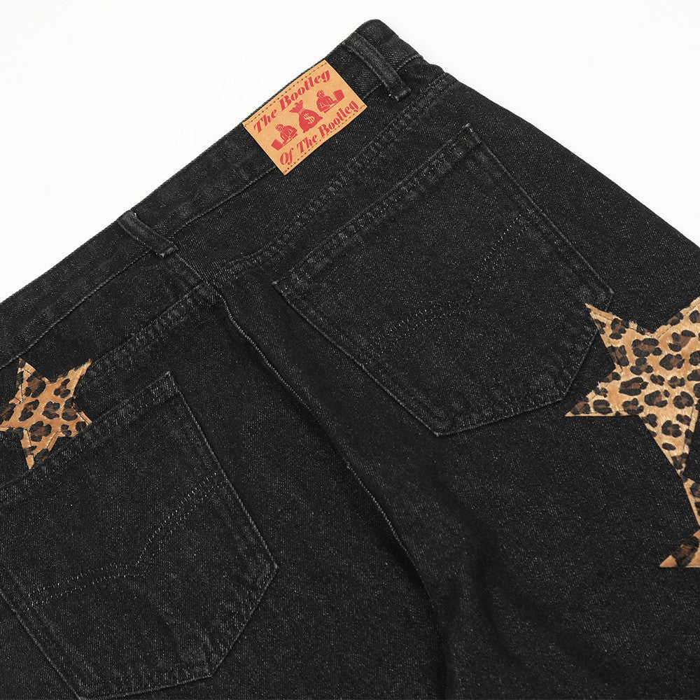 Leopard Star Patch Wide-Leg Jeans – Y2K Statement Denim Leopard Print Five-pointed Star Jeans For Men And Women