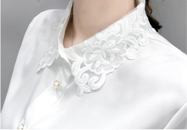 Elegant Lace Collar Button-Up Blouse | Long Sleeve Satin/Silk-Look Shirt Temperament Design Sense Stitching Top Western Style Korean Loose Shirt