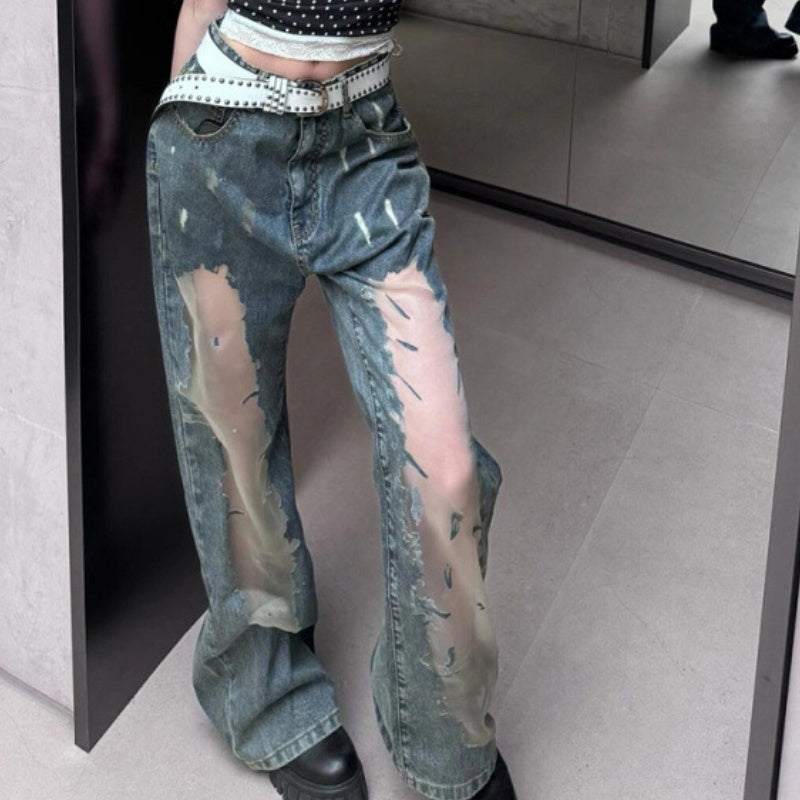 Y2K Grunge Distressed Mesh Jeans – See-Through Panel Streetwear Denim Retro Washed Ripped Jeans For Women Summer Hollow Out