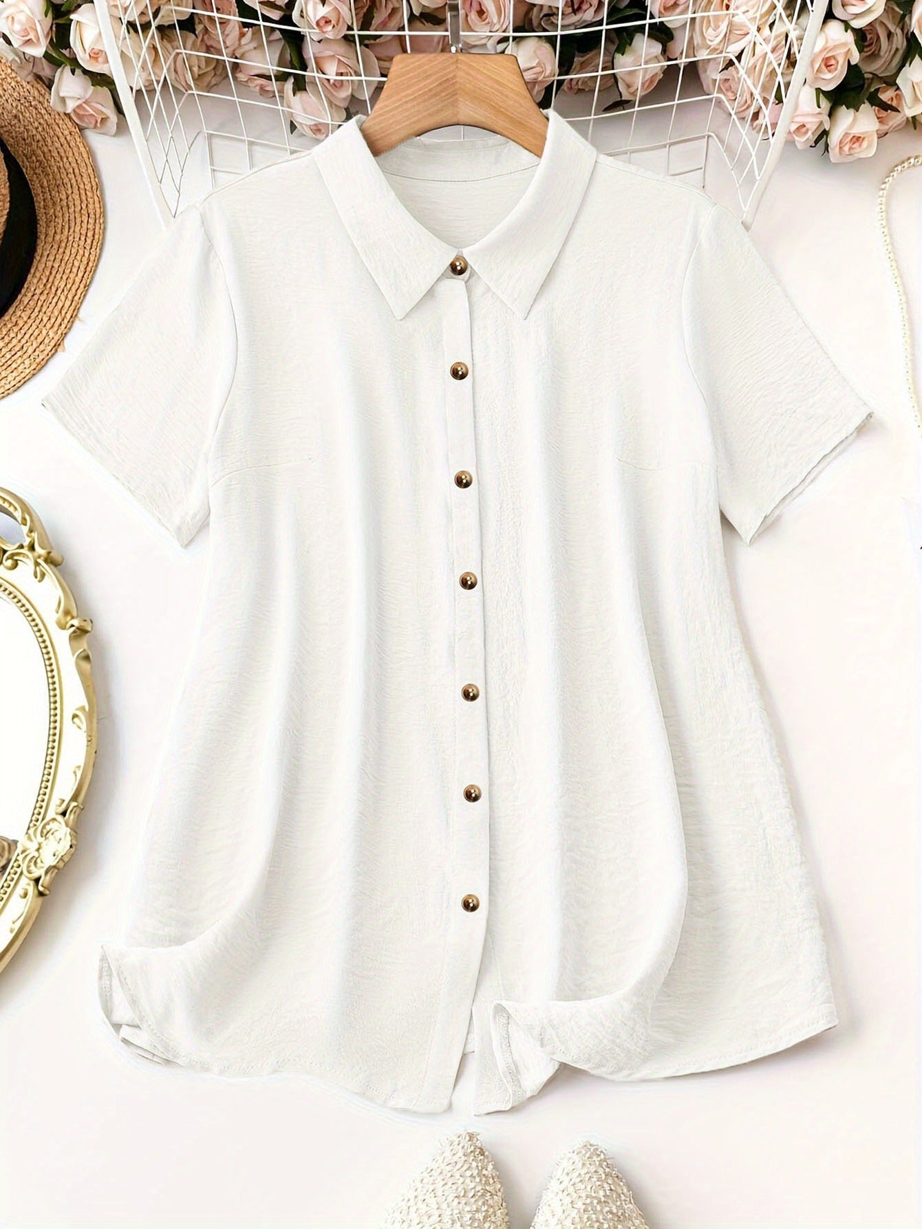 Collared Button-Down Shirt - Summer Vacation Casual Short-Sleeve Top For Outings