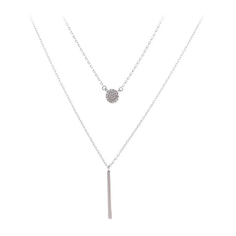 Multi-Layered Silver Tone Dainty Necklace with Bar & Round Pendants Silver Color Double Chain Long Stick Micro Pave Zircon Round Pendant Necklaces For Women Trendy Jewelry
