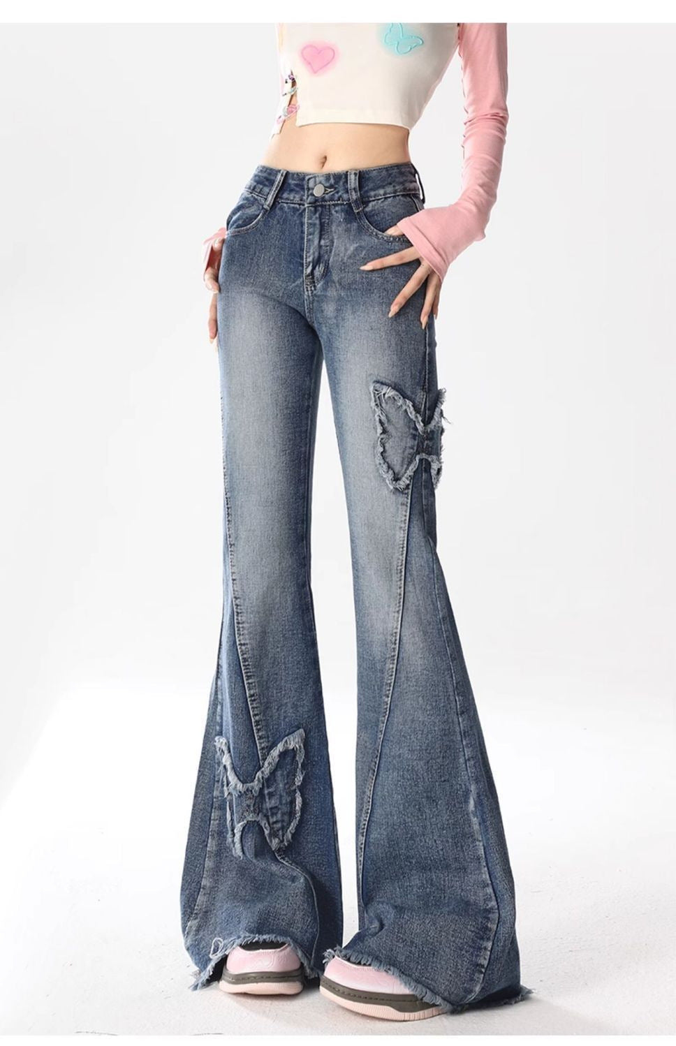 Butterfly Bliss – Flared Denim with Y2K Edge American Retro Butterfly Embroidery Slightly Flared Jeans Women