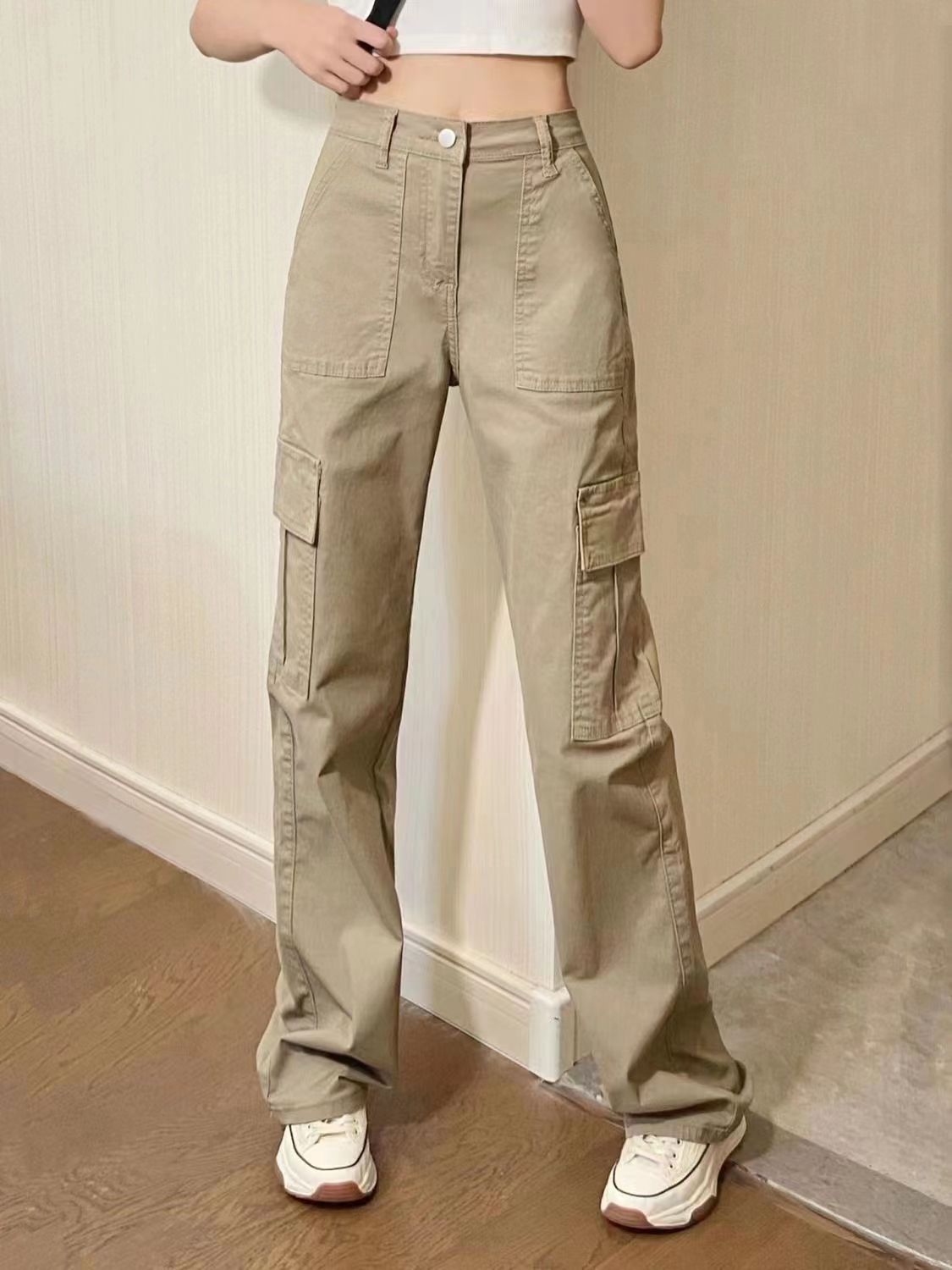Beige Low-Waist Straight Cargo Pants – Streetwear Utility Trousers American Retro Hot Girl Design Sense Cargo Jeans Women