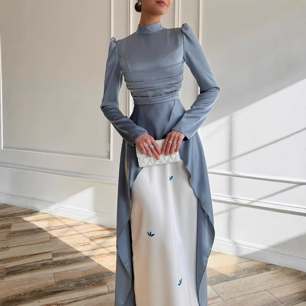 Pleated Stitching Contrast Color Long Sleeves Dress