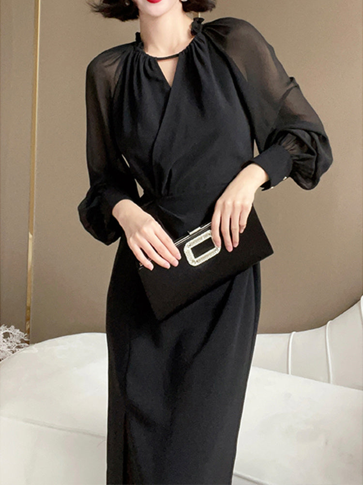 French Waistband Black Chiffon Dress