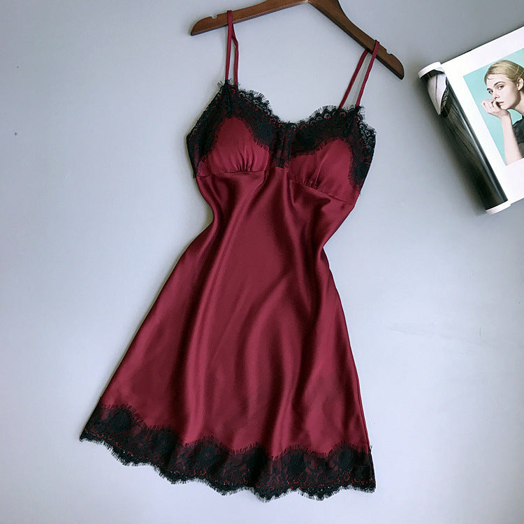 Sexy Satin & Lace Slip Dress Nightgown V-neck Lace Hem Strap Nightdress