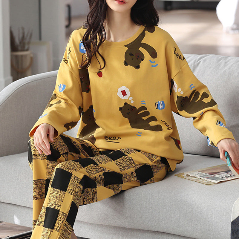 Comfy Women's Cartoon Pattern Sleepwear Set Loose Print Pajamas Women Autumn Winter Pajama Set Long Sleeves And Trousers Elegant Sleepwear Girl Loungewear Home Clothes