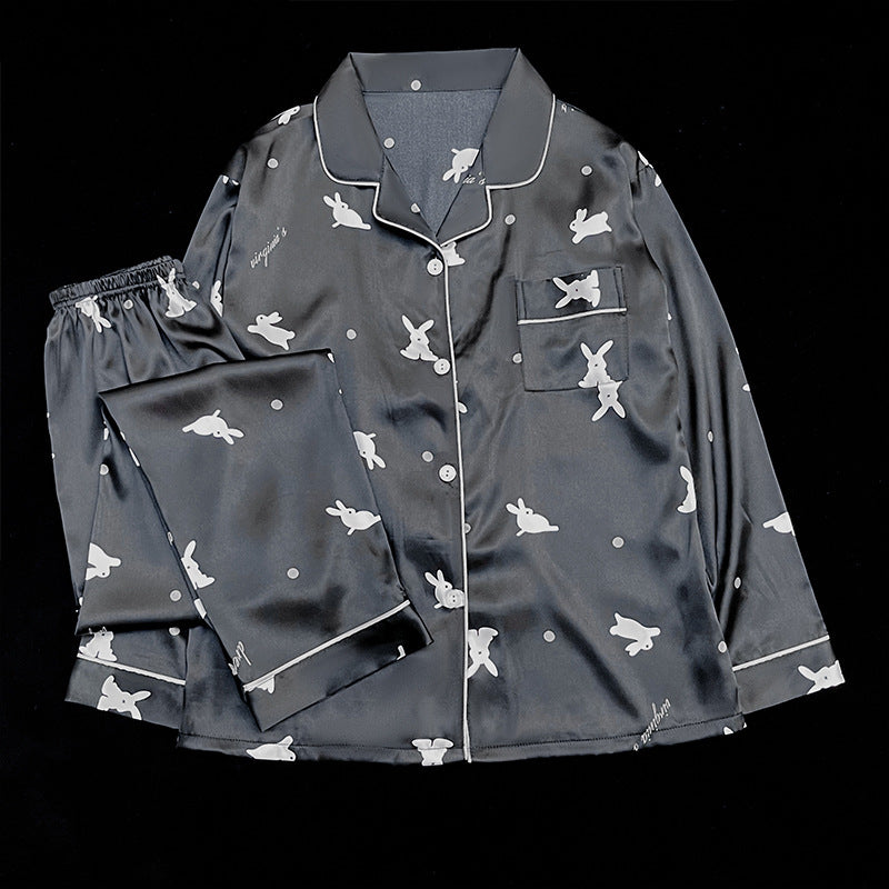Luxurious Satin / Silk-Look Patterned Pajama Set Women's Korean-style Ins Cute Lapel Long-sleeved Pajamas