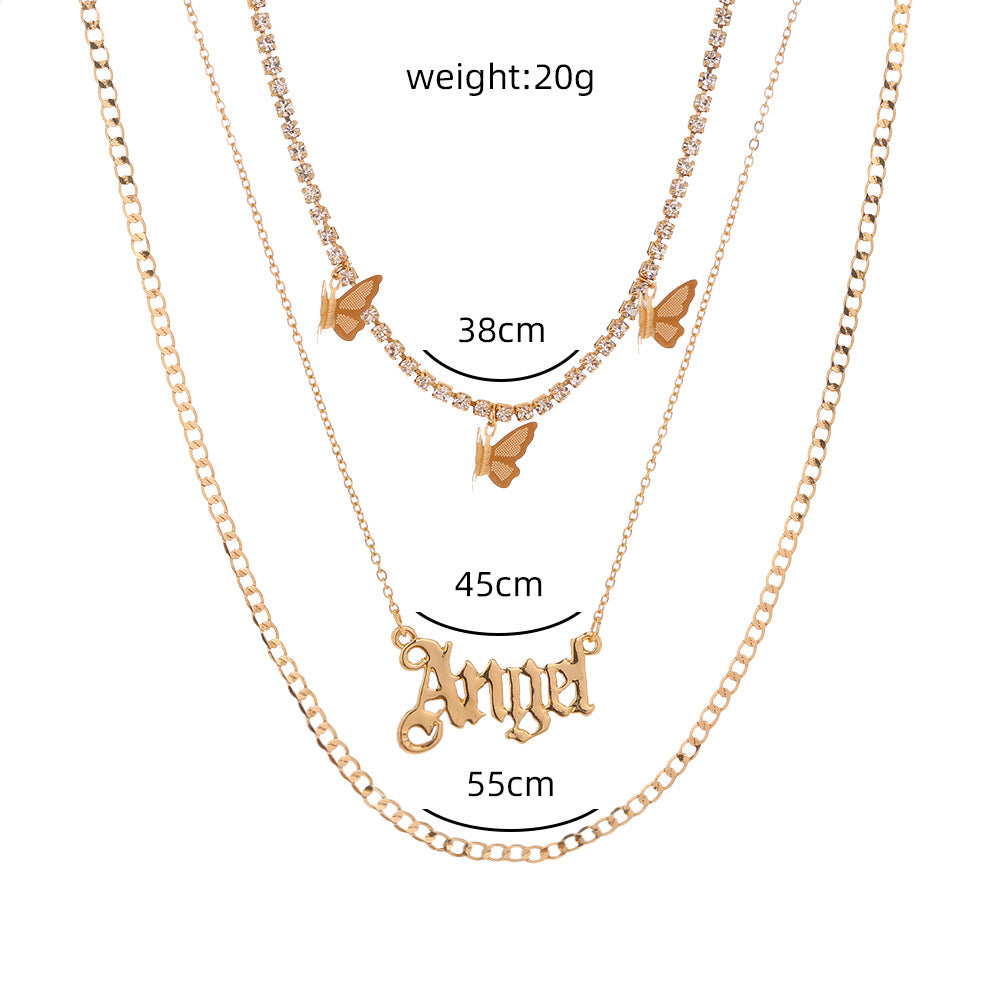 Layered "Angel" Pendant Necklace – Gold-Tone Statement with Butterflies Catch Chain Tassel Butterfly Letter Angel Multi-layer Temperament Necklace Accessories