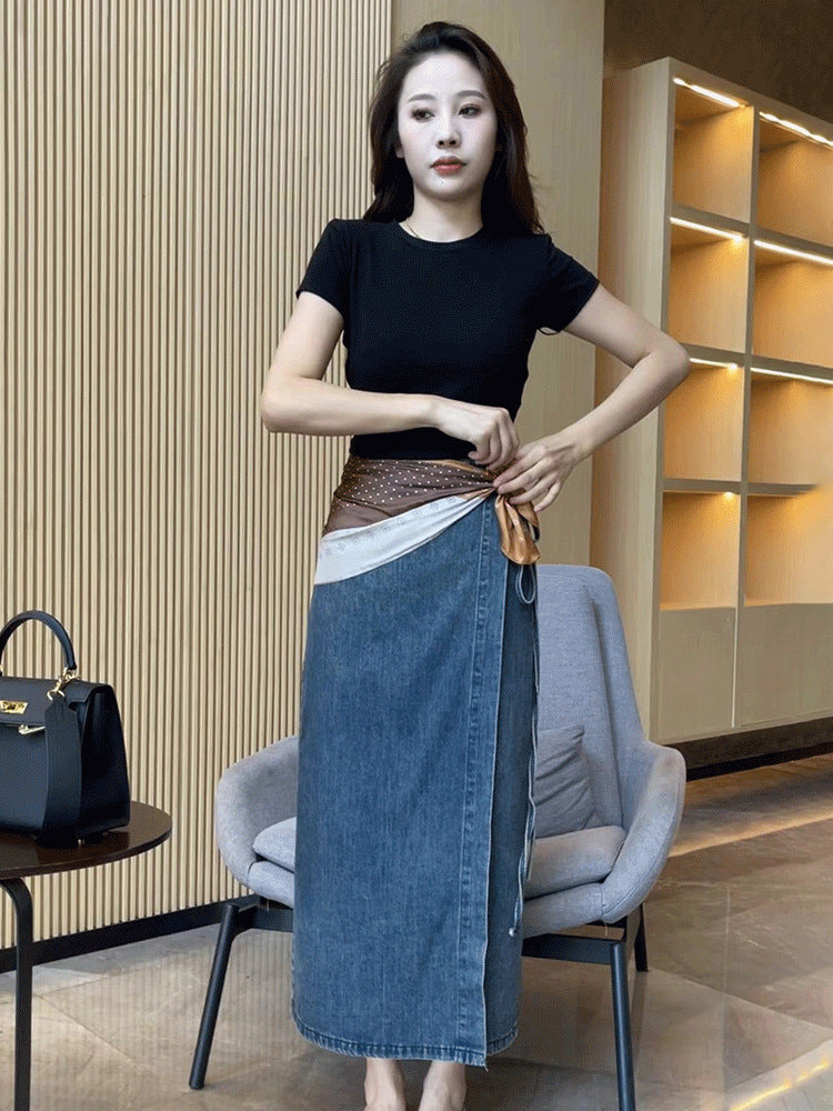 Retro High Waist Slit Blue Denim Skirt