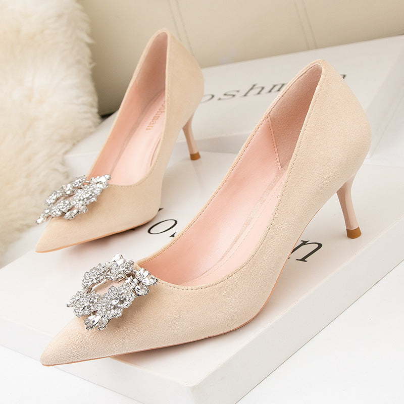 Rhinestone Buckle Pointed Toe Heels Women Pointed Toe Fashion High Heel Shoes