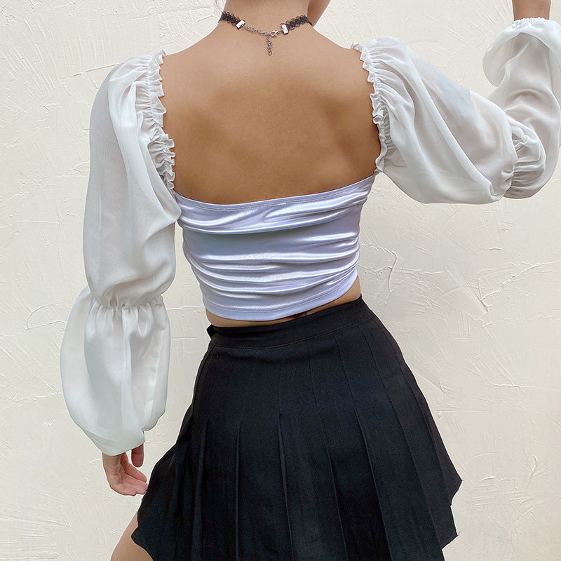 Mesh Puff Sleeve Tie Full Sleeve Top
