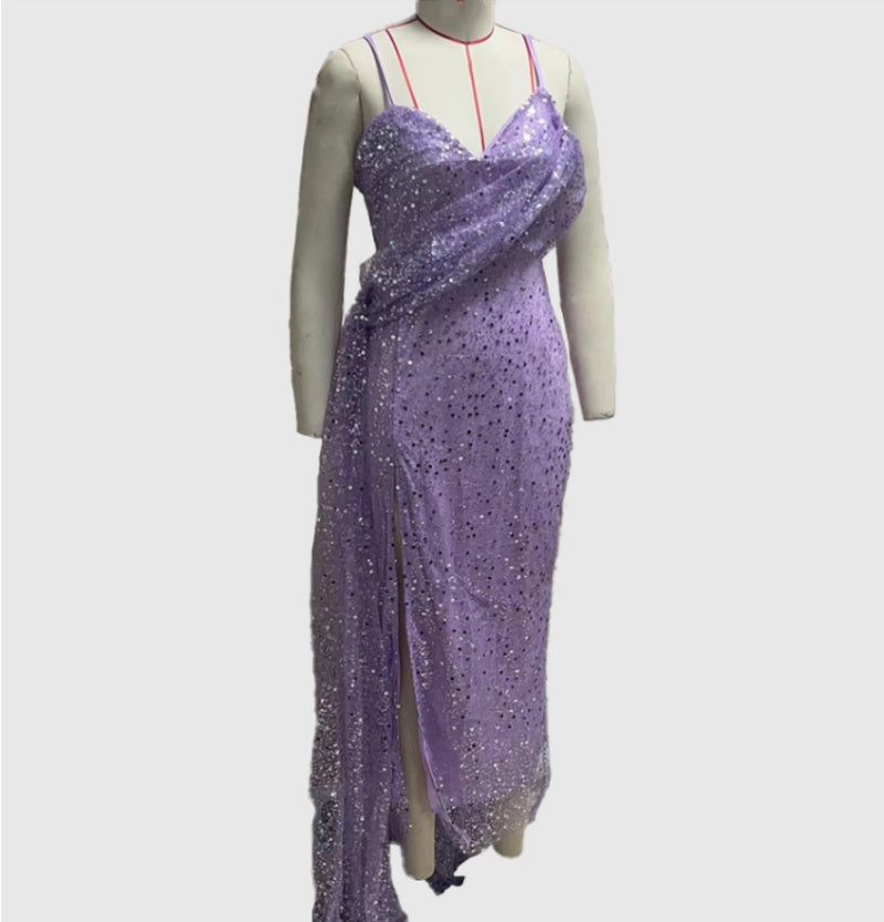 Elegant Lilac Shimmering Draped Evening Gown Irregular Spaghetti-strap Split Dress