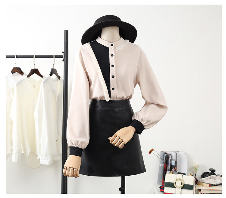 Elegant Two-Tone Ruffled Blouse - Beige & Black Korean style contrast lace long sleeve top