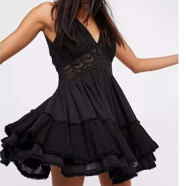 Bohemian Lace Trim Mini Dress with Open Back & Ruffled Hem