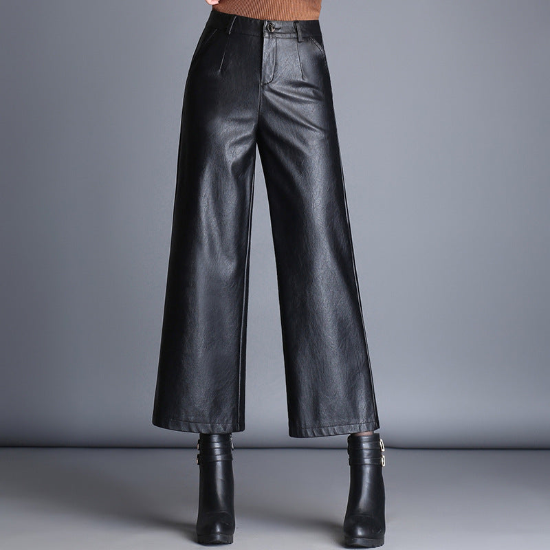 Classic Black Plus Size Loose Women Casual Leather Pants