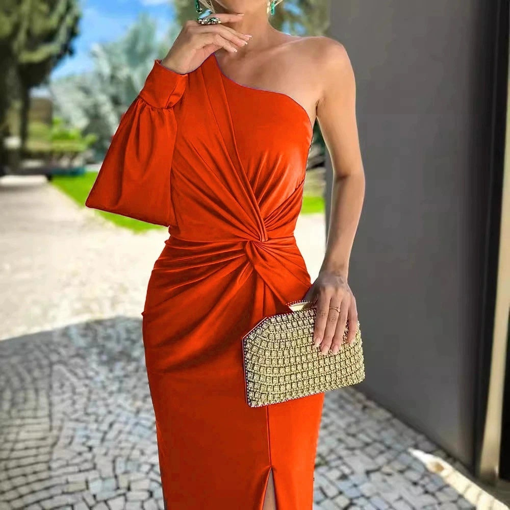 Diagonal Shoulder Knot Split Solid Color Slim Fit Dress