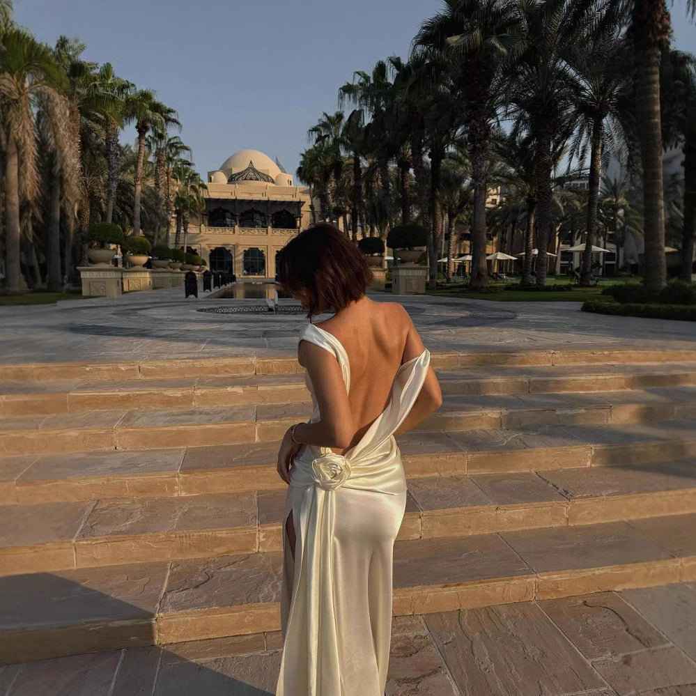 Chic & Sexy Draped Cowl Neck Sleeveless Party Dress (White/Champagne) High Quality Satin Dignified Flowers Dress Split Dress