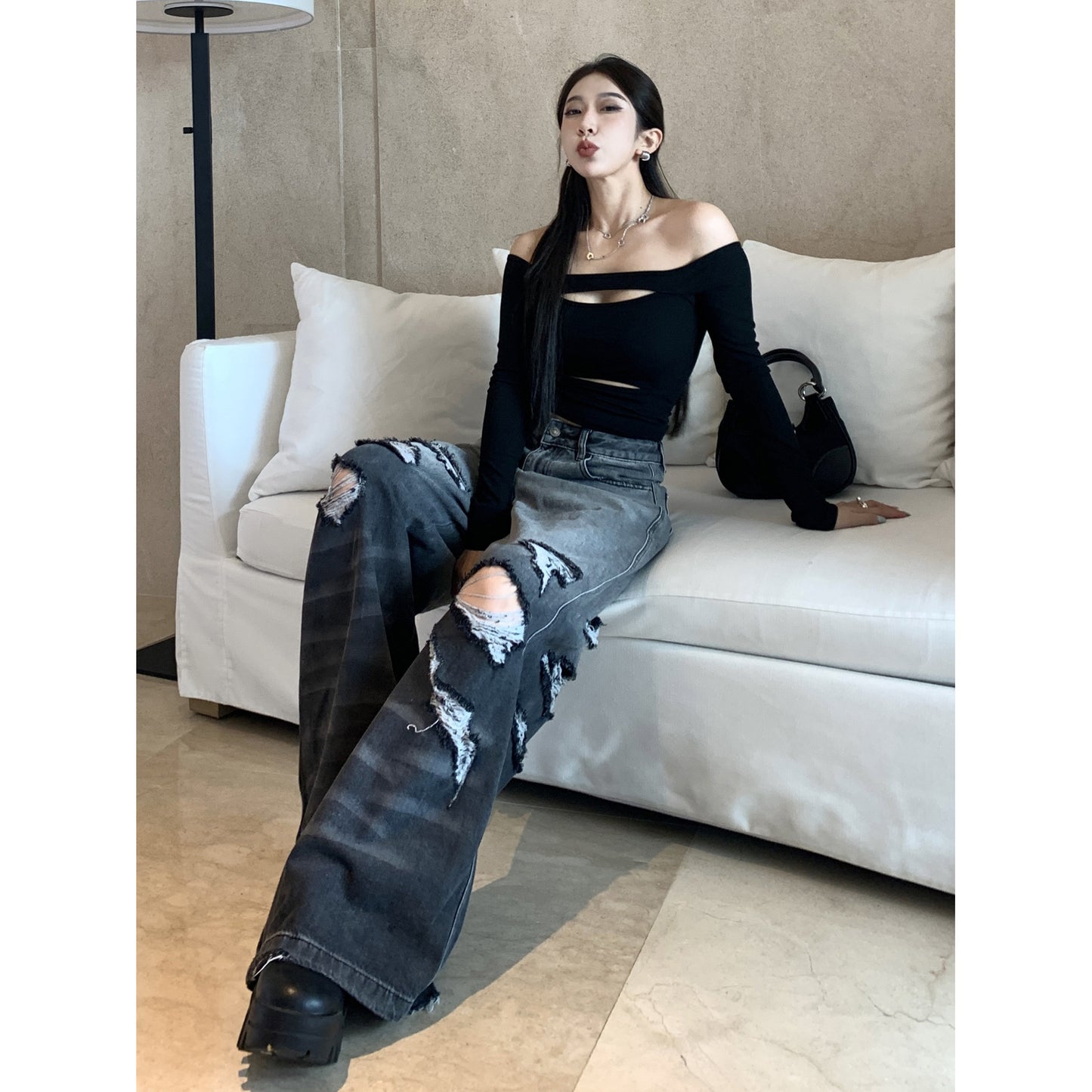 Distressed Black Wash Wide-Leg Jeans – Street Rebel Fit Gradient Color Big Ripped Hot Girl Wide Leg Jeans For Women