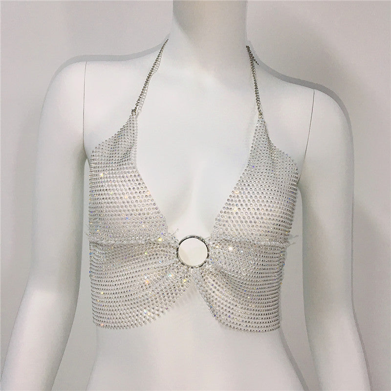 Rhinestone Chain Halter Top - Sparkly Party Crop Top Net Red Elastic Diamond Suspender Bra Women