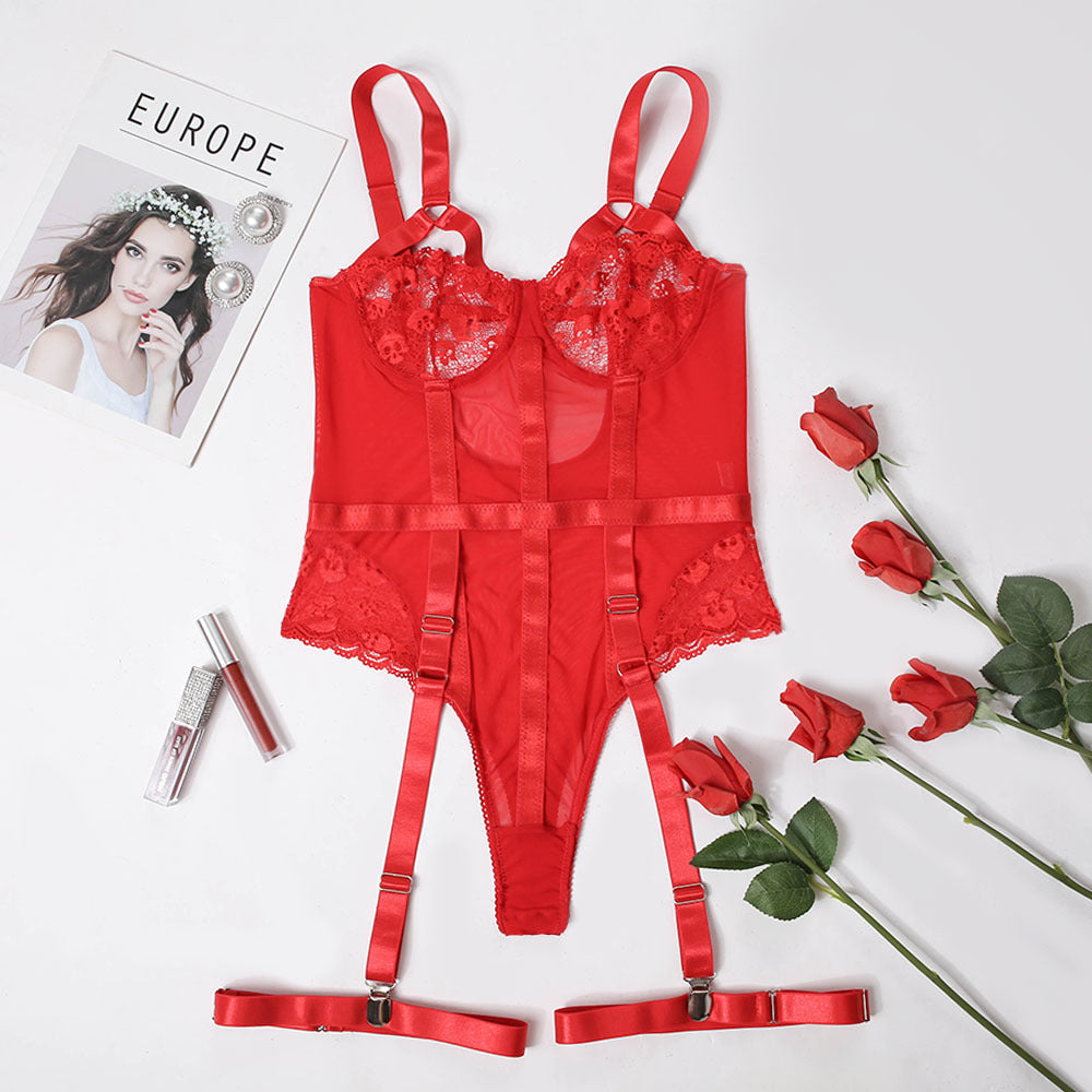 Lace Bodysuit with Garter Belt - Sheer One Piece Lingerie Lace Sexy Nightclub Outfit Jumpsuit