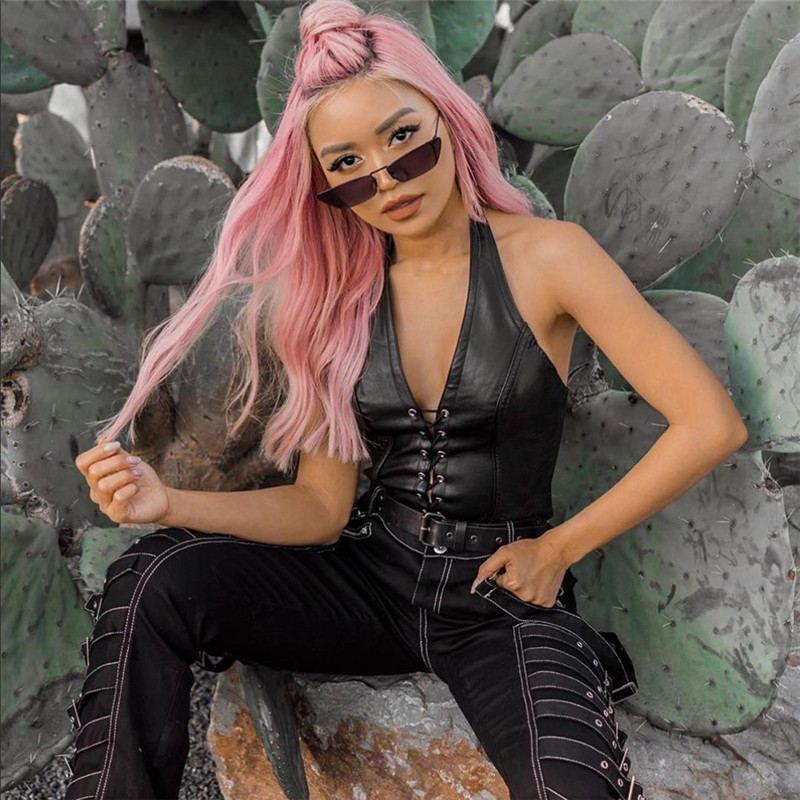 Edgy Faux Leather Lace-Up Halter Top for Women Hollow-out crop PU small vest female