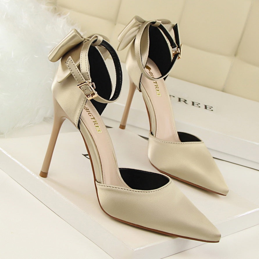 Women's Korean Version Sweet Beauty Sandals Thin High Heels Shallow Mouth Pointed Silk High Heels Pointed satin stiletto high heels