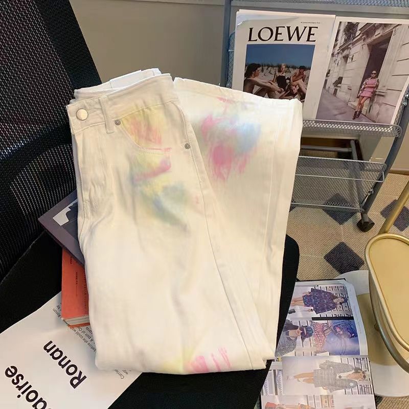Pastel Dream Tie-Dye Jeans – Whimsical White Wash Denim Retro Tie-dye Graffiti Straight High Waist Jeans For Women