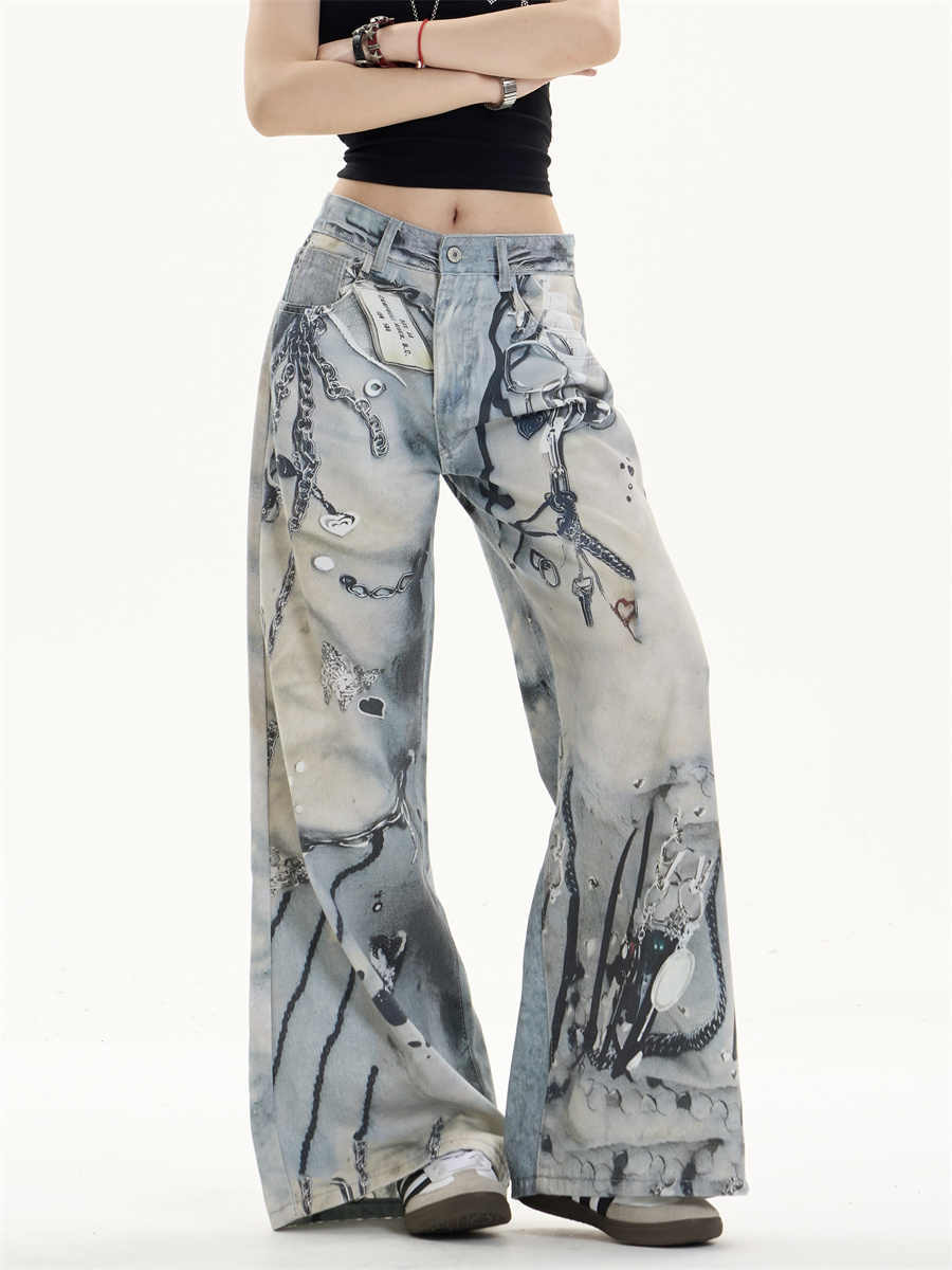Multi-pocket Wide Leg Jeans Straight Casual Pants