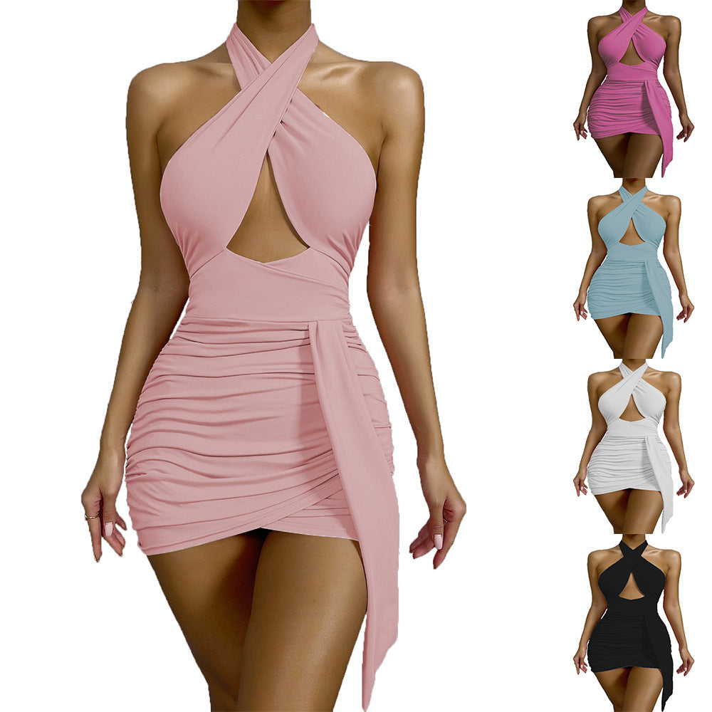 Trendy Ruched Halter Mini Dress with Asymmetrical Hem Sexy Temperament Women's Tight Dresses