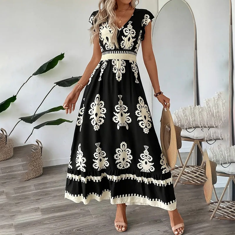 Summer Flowy Maxi Dress Casual Cap Sleeve V Neck Smocked Waist Beach Sundress