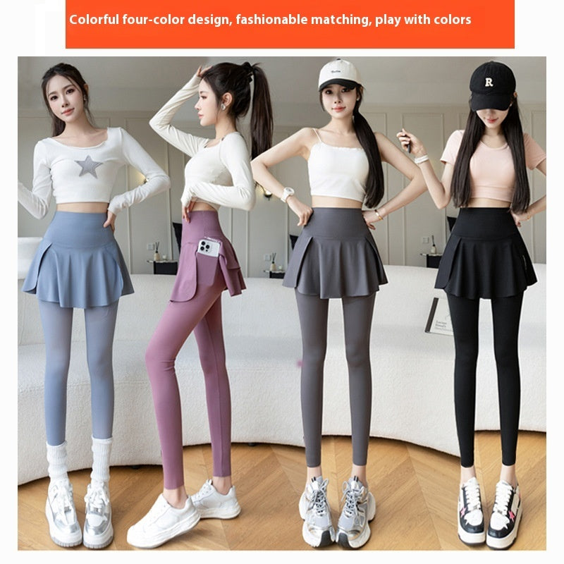 Flexi Skirt 2-in-1 Yoga Leggings – Sporty Chic with Pockets & Flair Spring New Fake Two-piece Outer Wear Sports Yoga Pants Women