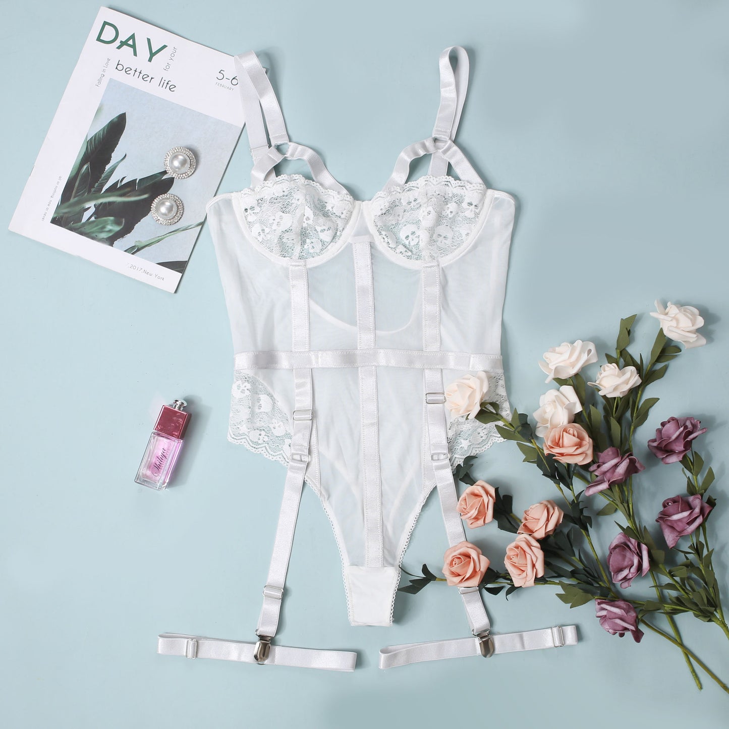 Lace Bodysuit with Garter Belt - Sheer One Piece Lingerie Lace Sexy Nightclub Outfit Jumpsuit