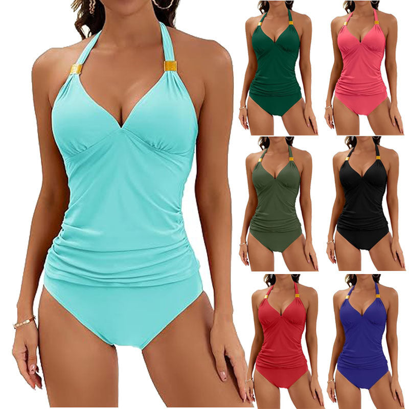 Ruched Elegance Tankini Set – Supportive V-Neck Top & High-Waist Bottoms Women's Pure Color Halter Split Tie Two Piece Swimsuit