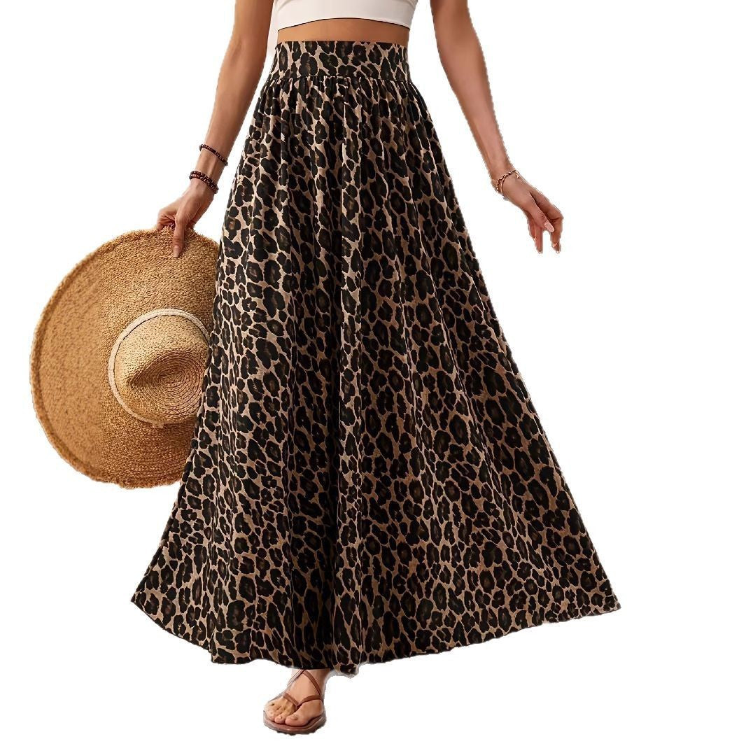 Bohemian Leopard Print High Waist Long Skirt High Waist Midi Skirt Fabric Leopard Print