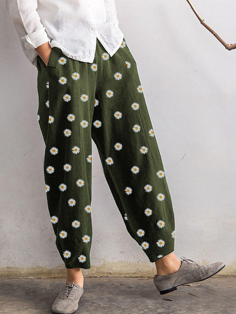 Bloom Ease Linen Pants – Daisy Drop Crotch Comfort Daisy Print Pants