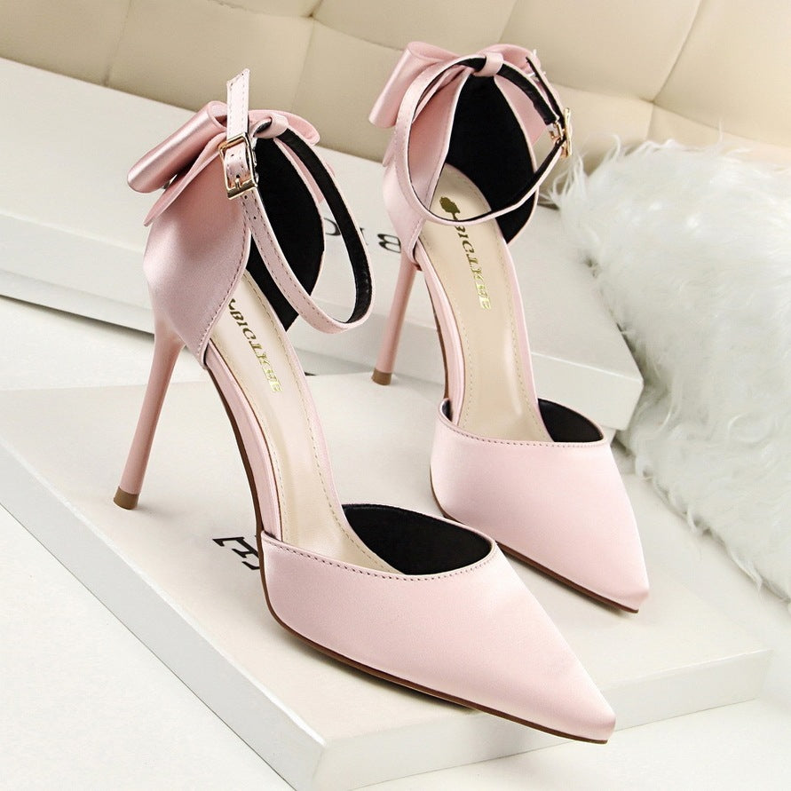 Women's Korean Version Sweet Beauty Sandals Thin High Heels Shallow Mouth Pointed Silk High Heels Pointed satin stiletto high heels
