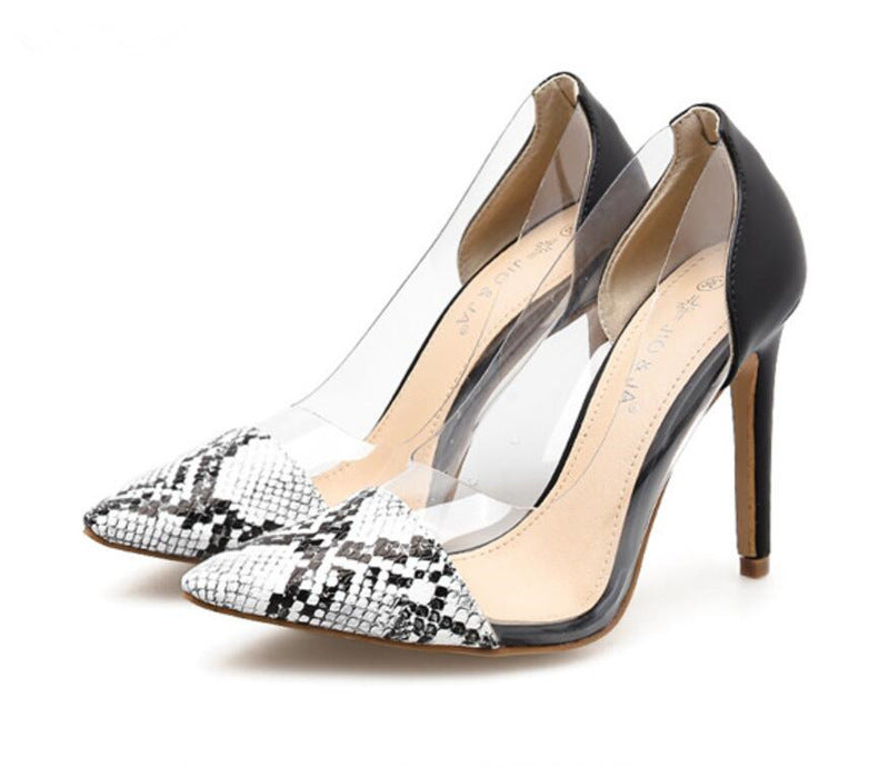Transparent PVC & Snakeskin Print Pointed Toe Stiletto Heels New snake print transparent high-heeled shoes women