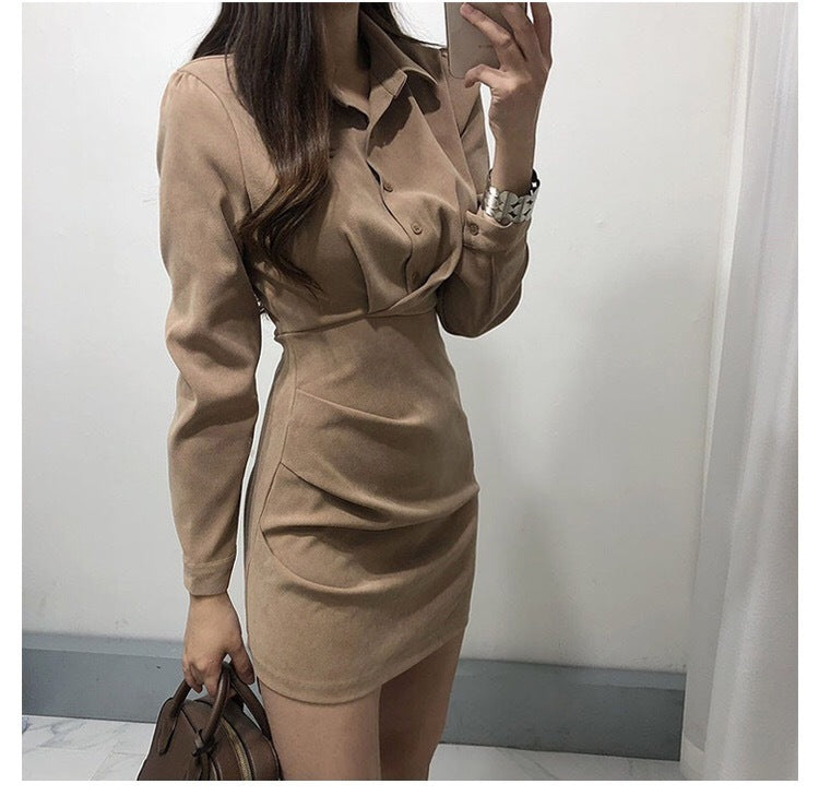 Versatile Button-Up Wrap Front Mini Dress Retro Waist Slim Dress