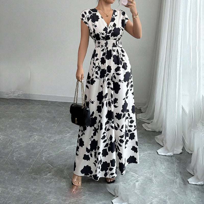 Wrap V Neck Short Sleeve Empire Elastic Waist Summer Casual Elegant Maxi Long Dresses